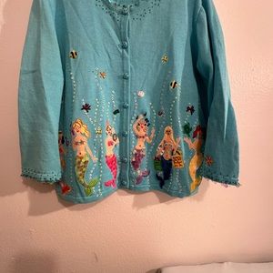 Vintage Jack B. Quick blue mermaid sequin beaded embroidery sweater cardigan XL